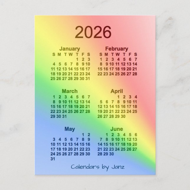 Postal Mini calendario de 6 meses del arcoiris 2026, de J (Anverso)