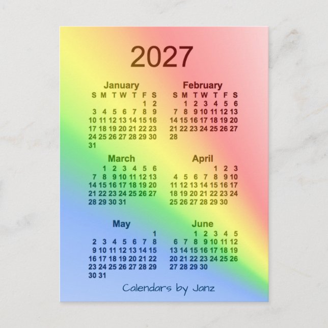 Postal Mini calendario de 6 meses del arcoiris 2027, de J (Anverso)