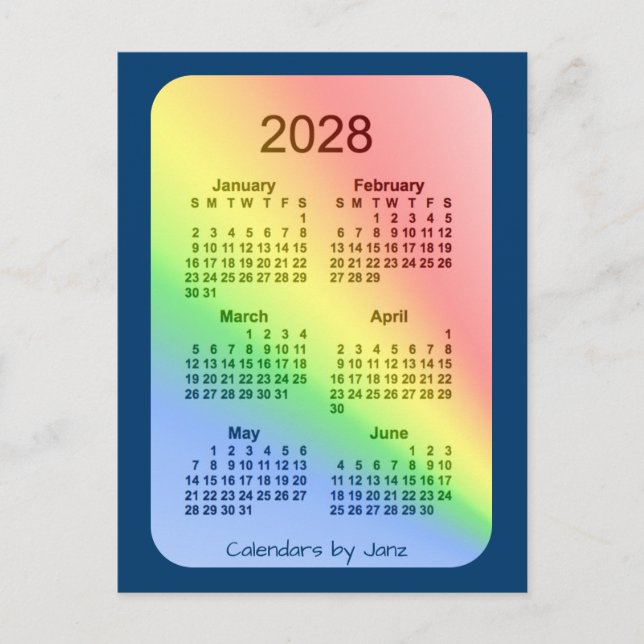Postal Mini Calendario de 6 meses del Rainbow Blue 2028,  (Anverso)