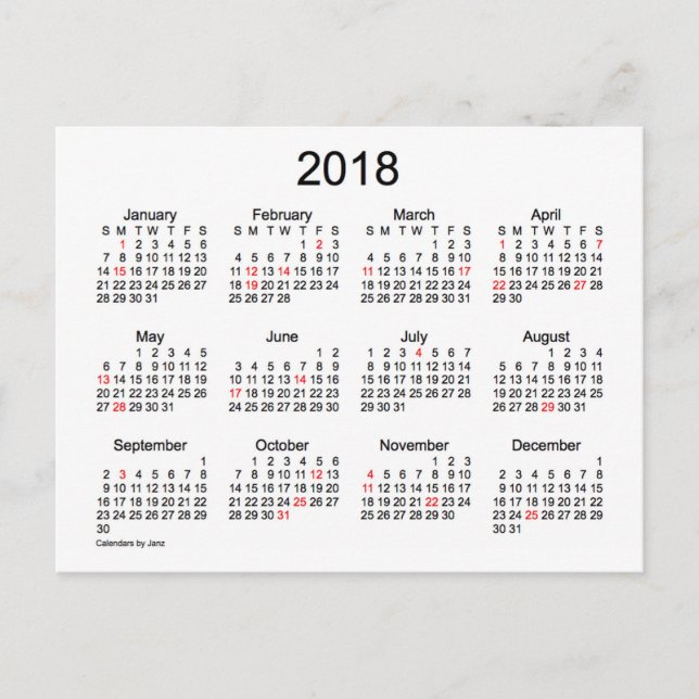Postal Mini calendario de feriados 2018 por Janz (Anverso)