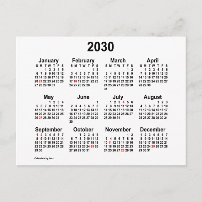 Postal Mini calendario de vacaciones blancas 2030 de Janz (Anverso)