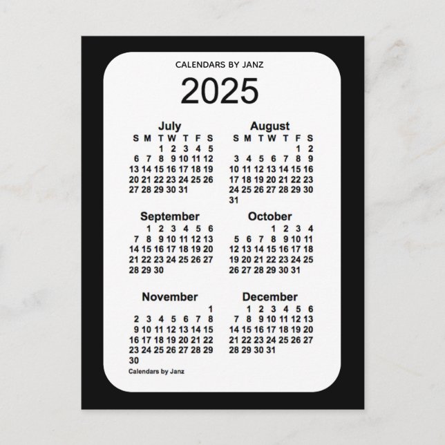 Postal Mini calendario negro de 6 meses 2025, de Janz (Anverso)