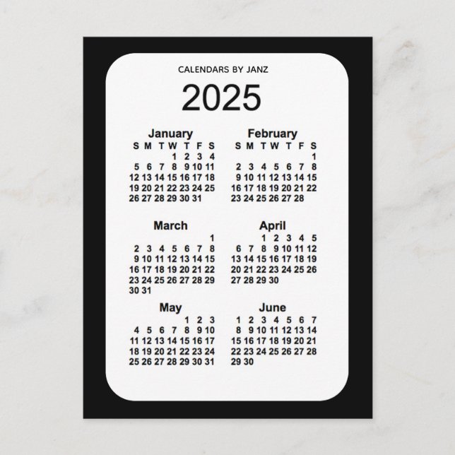 Postal Mini calendario negro de 6 meses 2025, de Janz (Anverso)