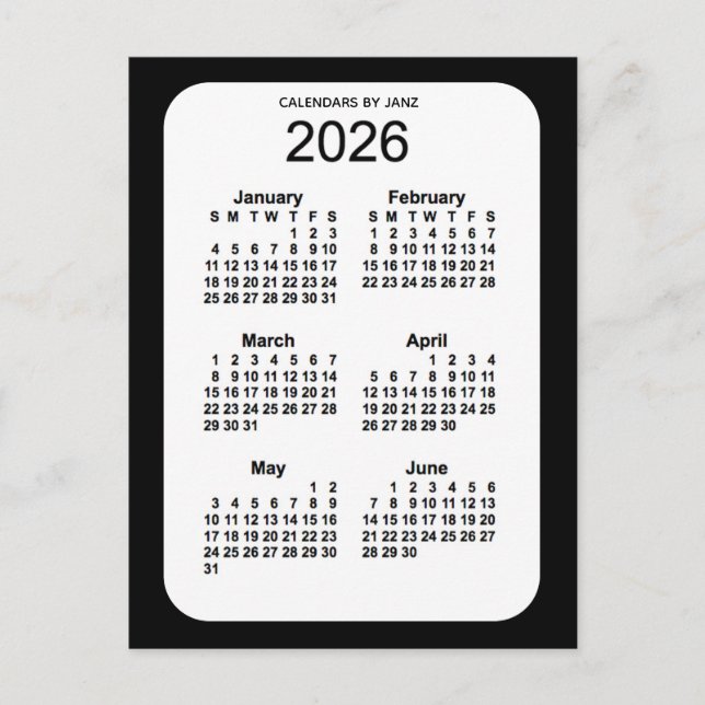Postal Mini calendario negro de 6 meses 2026, de Janz (Anverso)