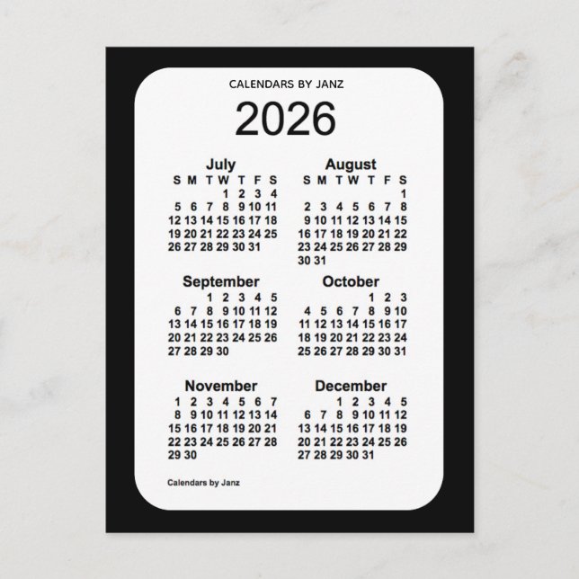 Postal Mini calendario negro de 6 meses 2026, de Janz (Anverso)