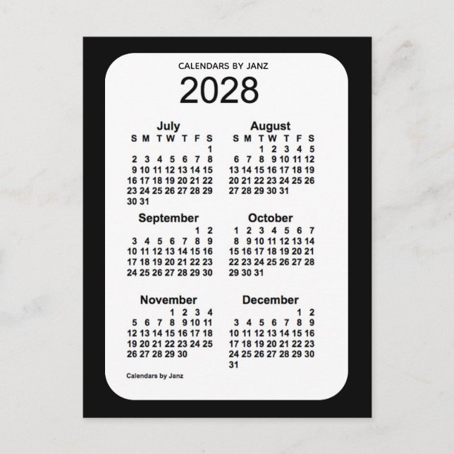Postal Mini calendario negro de 6 meses 2028, de Janz (Anverso)