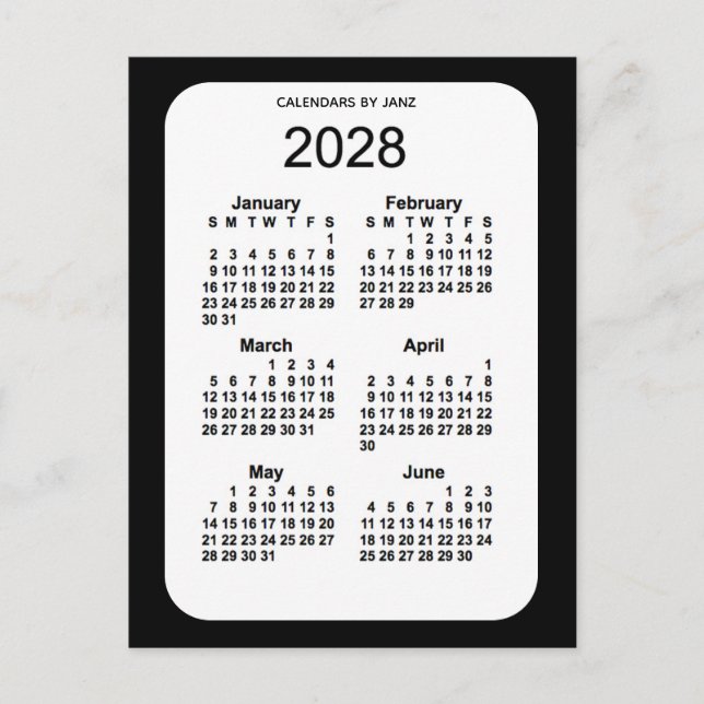 Postal Mini calendario negro de 6 meses 2028, de Janz (Anverso)