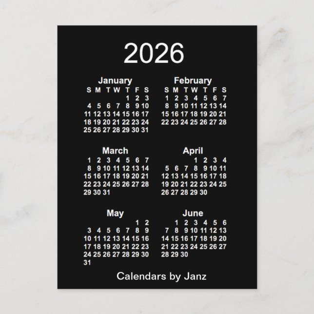Postal Mini Calendario Neon White de 6 meses 2026, de Jan (Anverso)