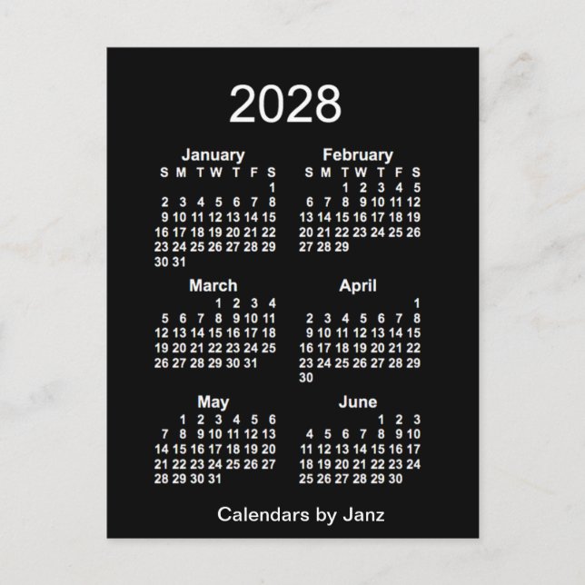 Postal Mini Calendario Neon White de 6 meses 2028, de Jan (Anverso)
