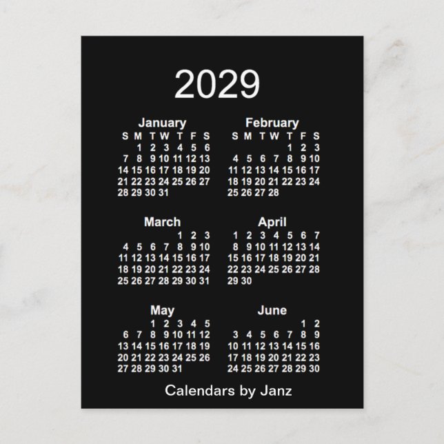 Postal Mini Calendario Neon White de 6 meses 2029, de Jan (Anverso)