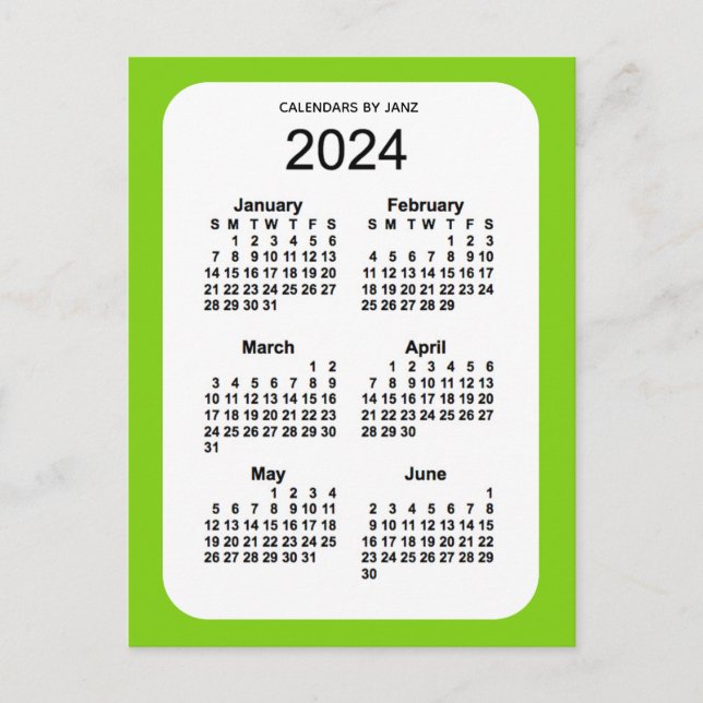 Postal Mini calendario verde amarillo 2024 de 6 meses, de (Anverso)