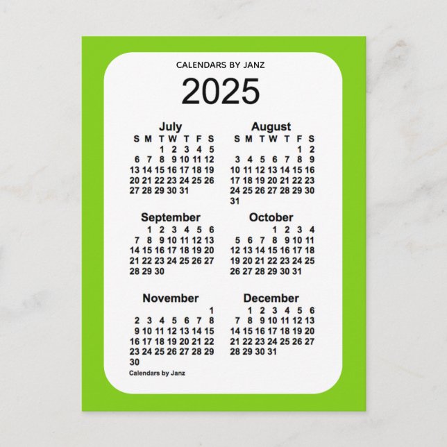 Postal Mini calendario verde amarillo 2025 de 6 meses, de (Anverso)