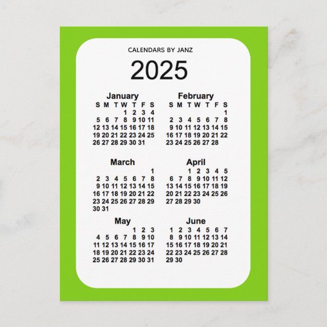 Postal Mini calendario verde amarillo 2025 de 6 meses, de (Anverso)