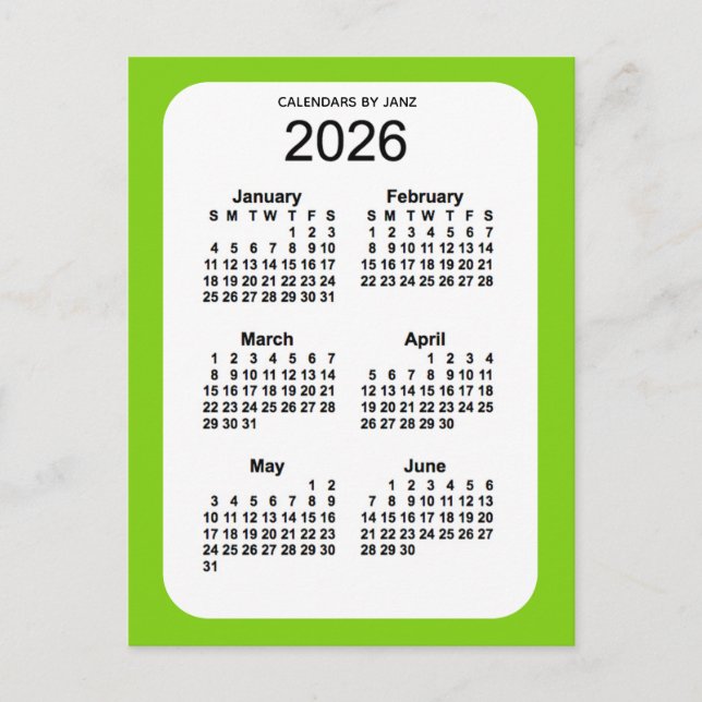 Postal Mini calendario verde amarillo 2026 de 6 meses, de (Anverso)