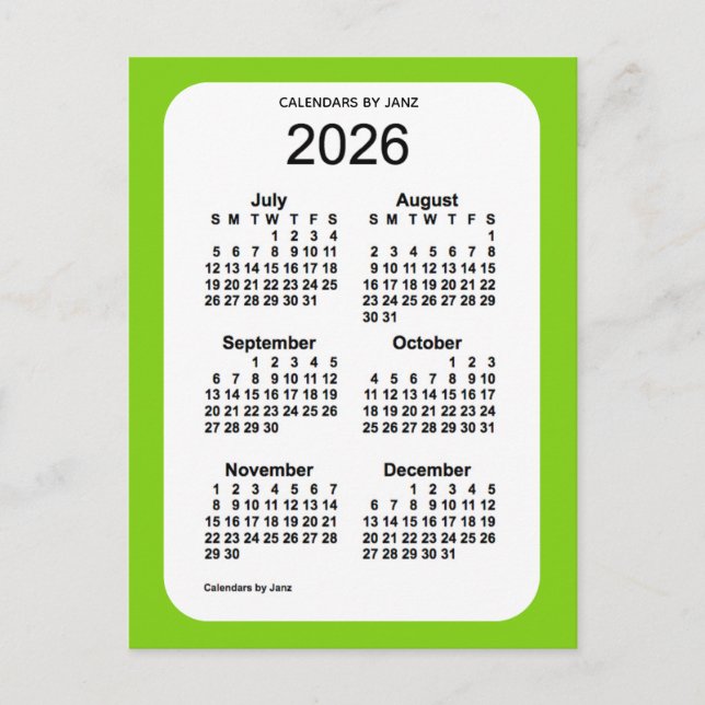 Postal Mini calendario verde amarillo 2026 de 6 meses, de (Anverso)