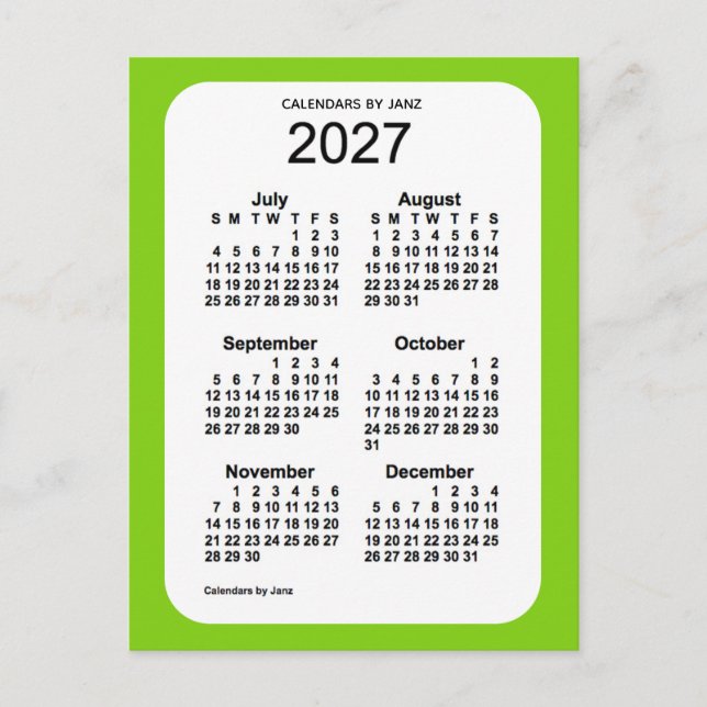 Postal Mini calendario verde amarillo 2027 de 6 meses, de (Anverso)