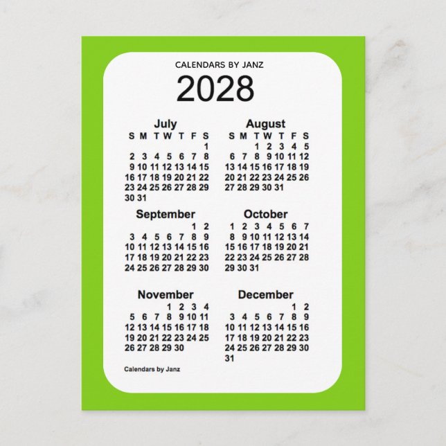 Postal Mini calendario verde amarillo 2028 de 6 meses, de (Anverso)