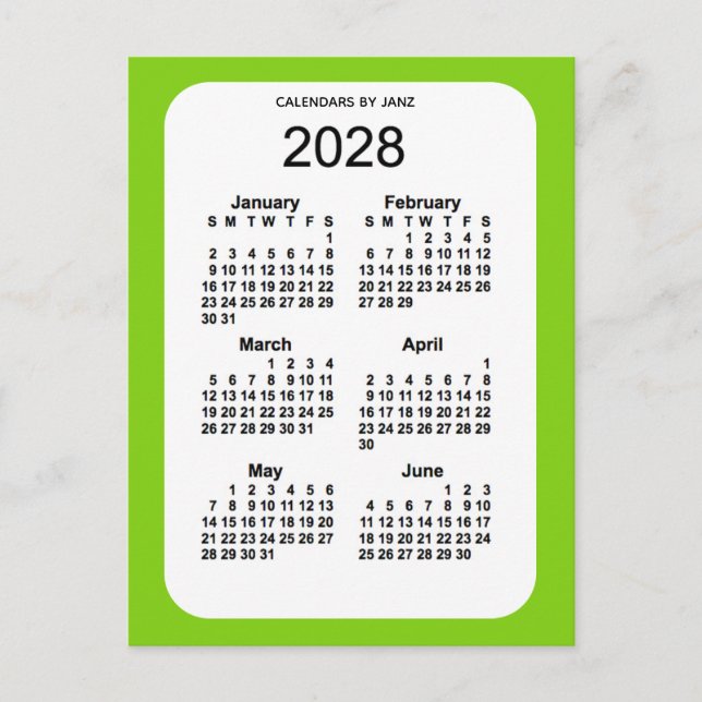 Postal Mini calendario verde amarillo 2028 de 6 meses, de (Anverso)