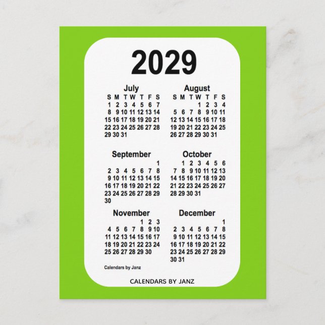 Postal Mini calendario verde amarillo 2029 de 6 meses, de (Anverso)