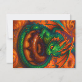 Postal Mini Dragón verde lindo y arte de fantasía de donu