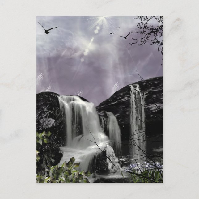 Postal Mini impresión de Sunset Waterfall Fantasy Firmado (Anverso)