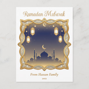 Postal Minimal Mezquita Azul y Dorada Ramadan Mubarak