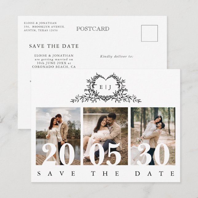 Postal Minimalist Calligraphy monogram Save the Date (Anverso / Reverso)