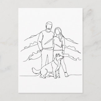 Postal Minimalist Modern Couple with Dog Line Art Drawing