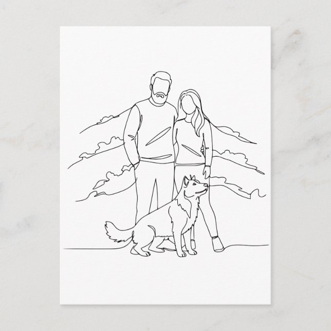 Postal Minimalist Modern Couple with Dog Line Art Drawing (Anverso)