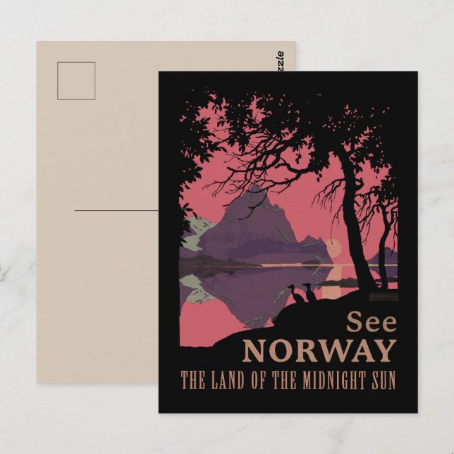 Postal Minimalist Norway Sunset Poster - Mountain Fjord (Anverso / Reverso)