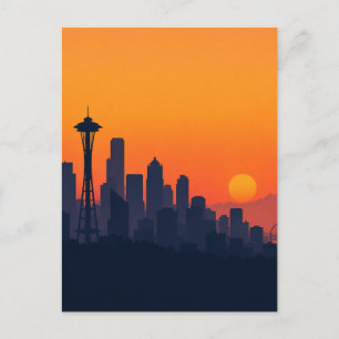 Postal Minimalista Silueta de Seattle al Atardecer Modern