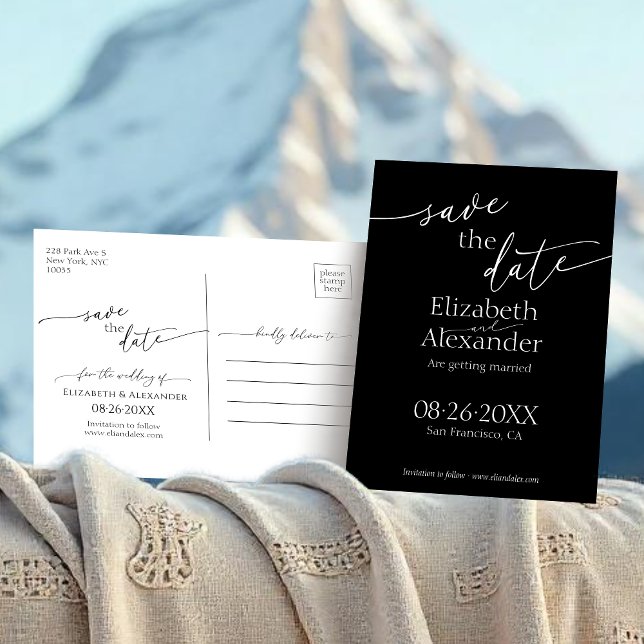 Postal Mínimo Fancy Black & White Script Save the Date (Subido por el creador)