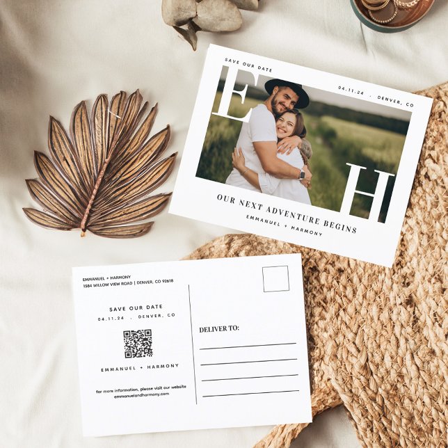 Postal Mínimo moderno negrita Boda Pareja Monograma Foto (Minimal Modern Bold Wedding Couple Monogram Photo Postcard)