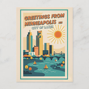 Postal Minneapolis MN Ciudad de los Lagos Retro