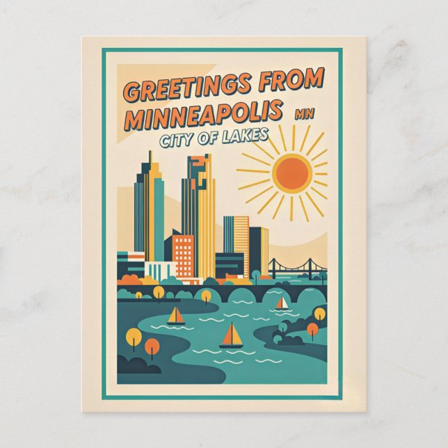 Postal Minneapolis MN Ciudad de los Lagos Retro (Anverso)