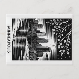 Postal Minneapolis Skyline Black and White Woodcut Winter