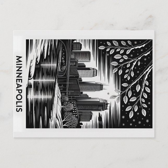 Postal Minneapolis Skyline Black and White Woodcut Winter (Anverso)