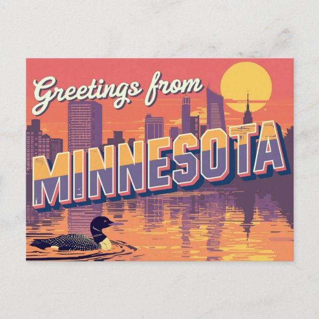 Postal Minnesota Loon y silueta de la ciudad (Anverso)