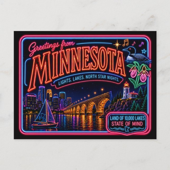 Postal Minnesota Neon Estado Retro Vintage (Anverso)