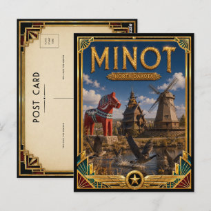 Postal Minot Dakota del Norte Arte Deco Dorado Vintage