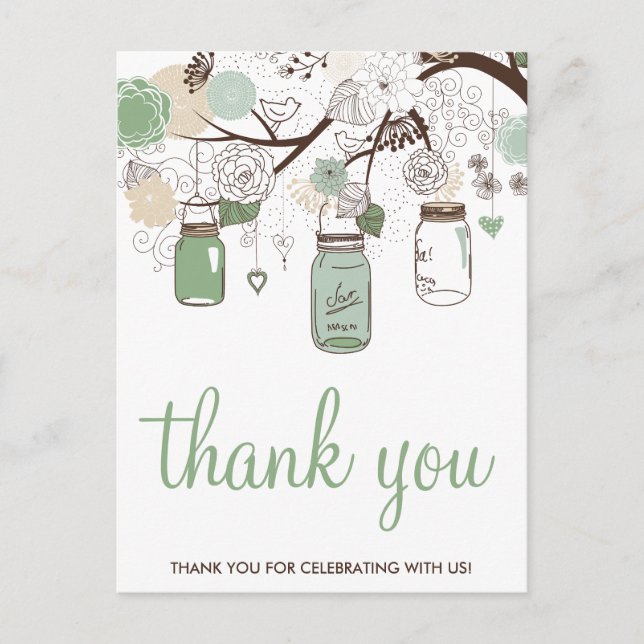 Postal Mint Green Mason Jars Boda Gracias Postcard (Anverso)