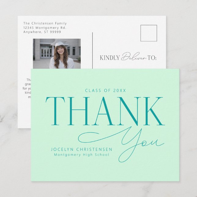 Postal Mint Green Modern Photo Graduation Thank You (Anverso / Reverso)
