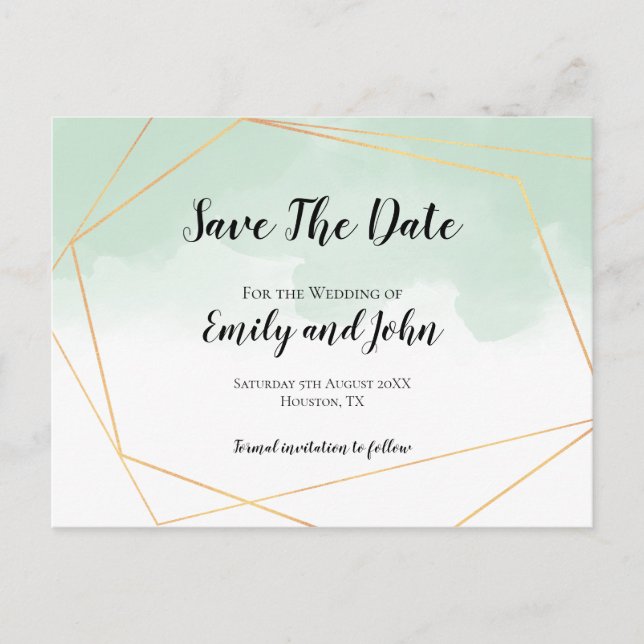 Postal Mint Green Watercolor Gold Geometric Save The Date (Anverso)