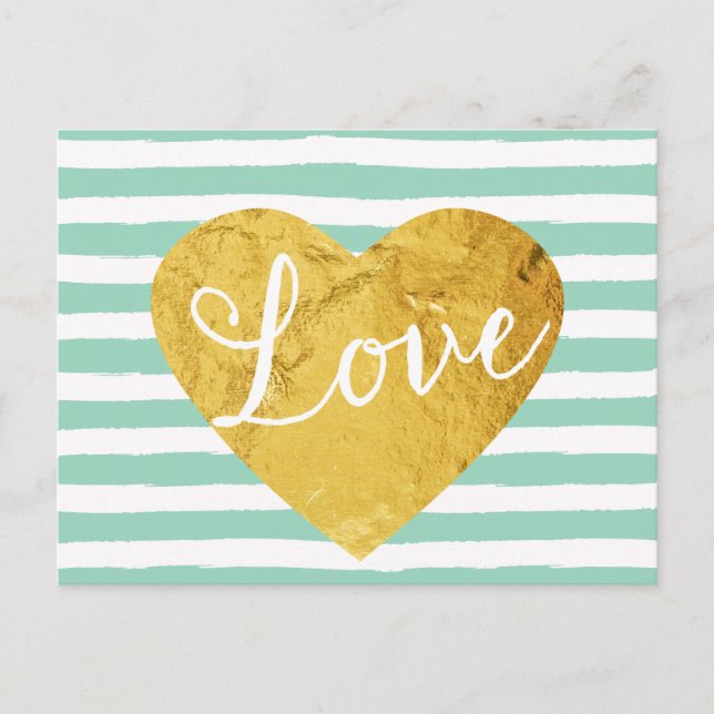 Postal Mint Stripes Fake Gold Love Heart Cute Girly (Anverso)