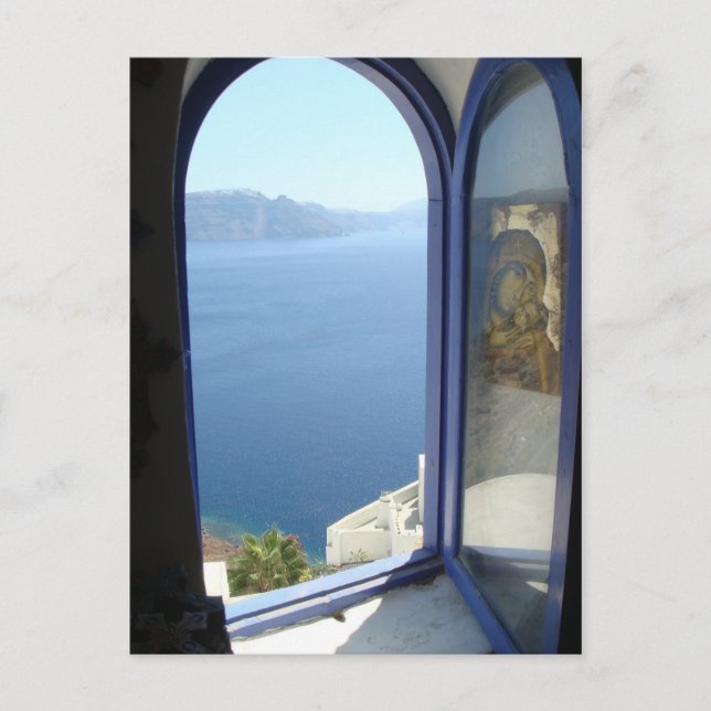 Postal Mirando hacia fuera en Santorini (Anverso)
