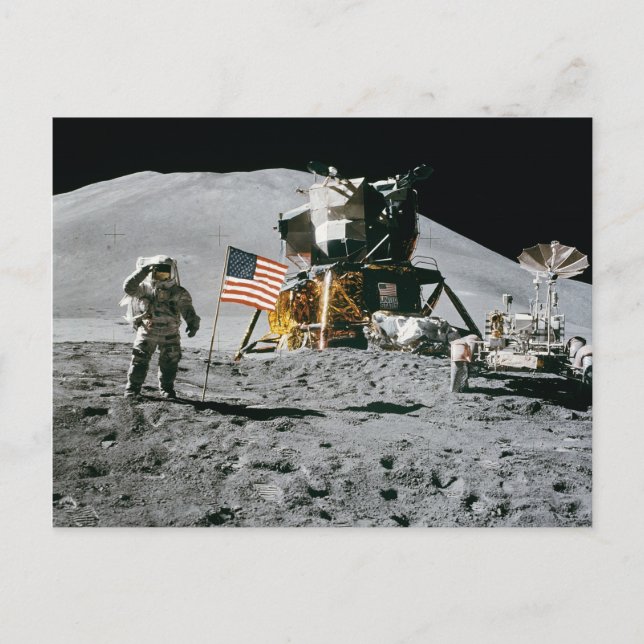 Postal Misión Apolo Moon, astronauta y bandera estadounid (Anverso)