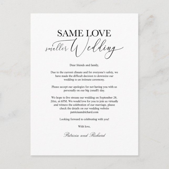 Postal Mismo Amor Destamaño Boda Simple Elegante (Anverso)