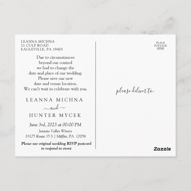 Postal Mismo amor Nuevo Boda de plan cambiar la fecha de  (Reverso)