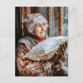 Postal Miss Holle sacudiendo la nieve desde el cielo