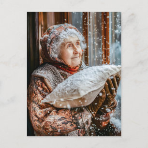 Postal Miss Holle sacudiendo la nieve desde el cielo